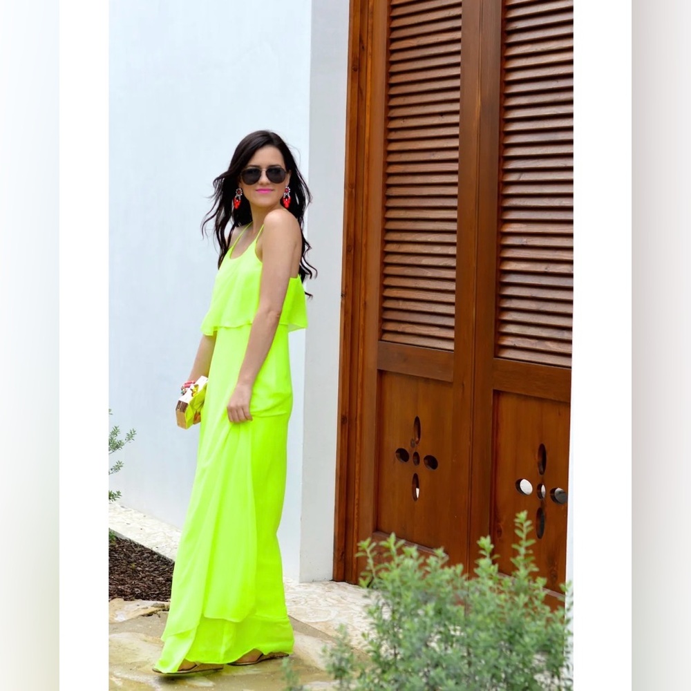 Gianni Bini Neon Green Maxi Dress Size 6 Ruffle Slip Statement Vacation
